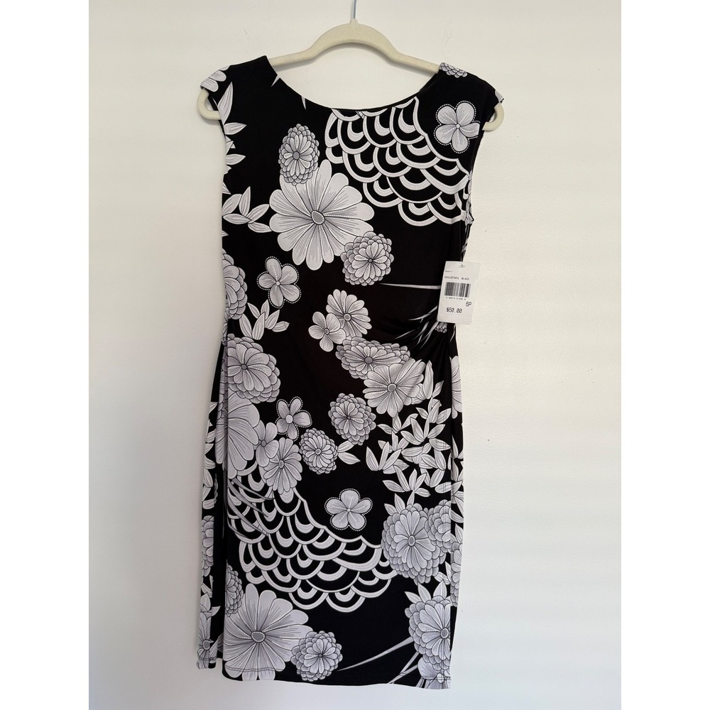 NWT Connected Apparel Womens Black White Floral Dress Ruching Business Office